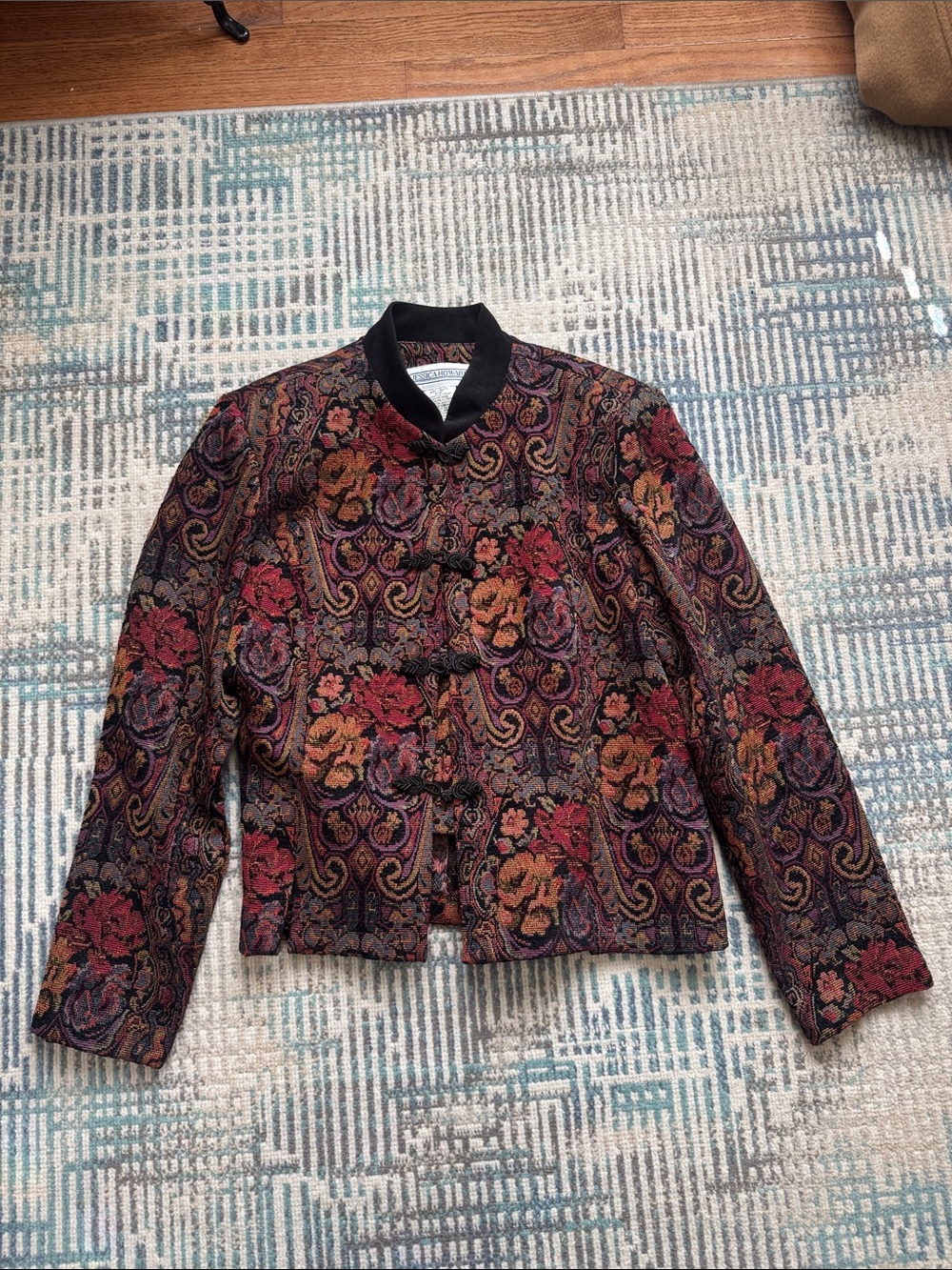 Jessica Howard Floral Brocade Mandarin Jacket in Burgundy, Black and Gold